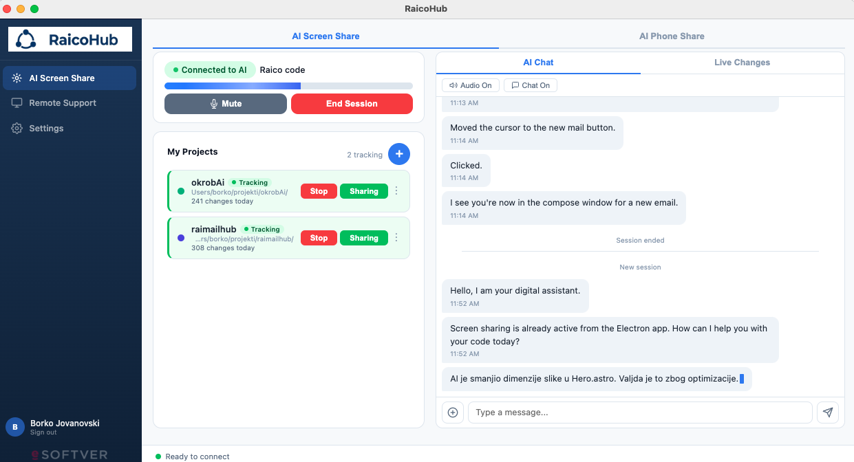 RaicoHub dashboard — voice-controlled AI orchestration