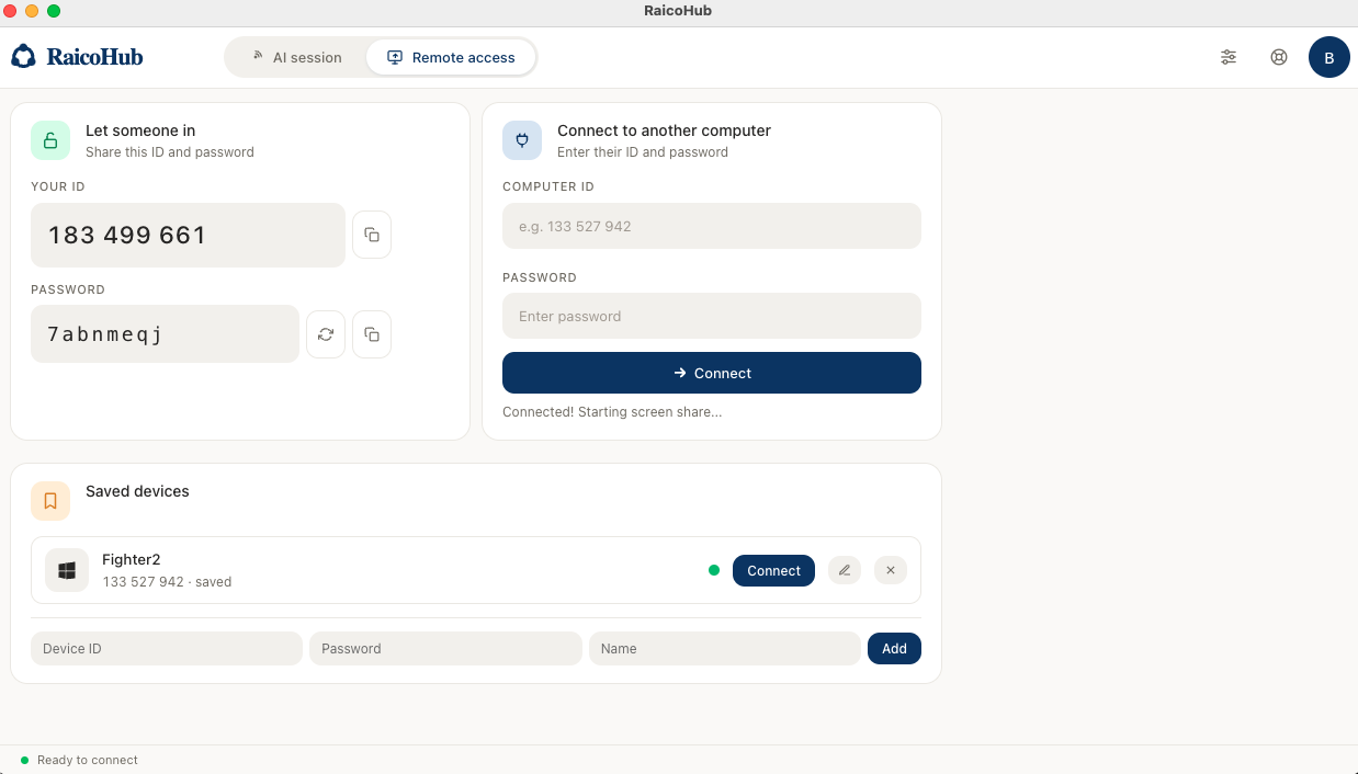 RaicoHub remote access — connect to another computer
